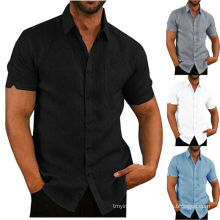 Mens Linen Blouse Short Sleeve  Summer Solid Comfortable Pure Cotton And Linen Casual Loose Holiday Shirts